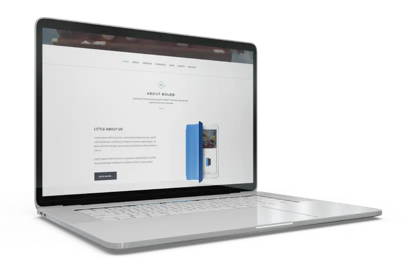 Open laptop displaying a website homepage with about section and product image